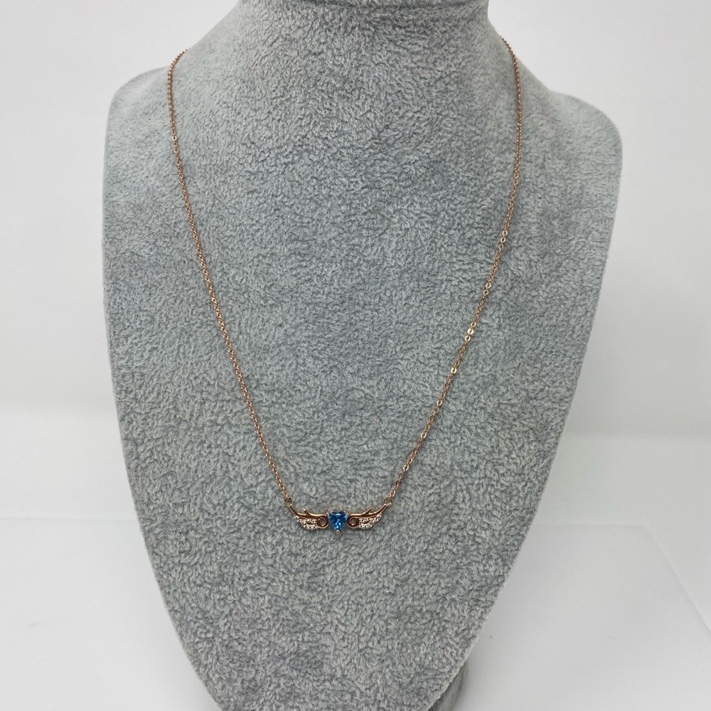 Elegant Blue and Rose Gold Sterling Silver Angel Wings Pendant Necklace